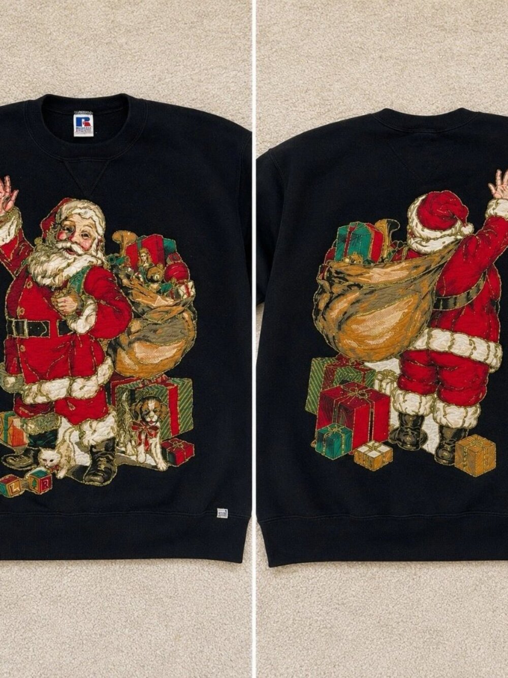 Vintage Russell Santa Christmas Sweatshirt Glitter Christmas XL Double Sided Cat